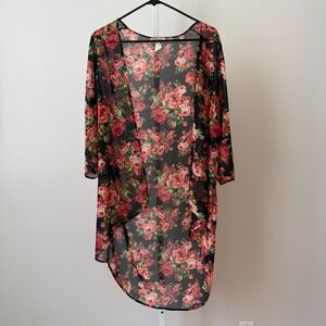 Aggie Boho Flowy Beachy Relaxed Shabby Floral Chiffon Kimono M Black Red